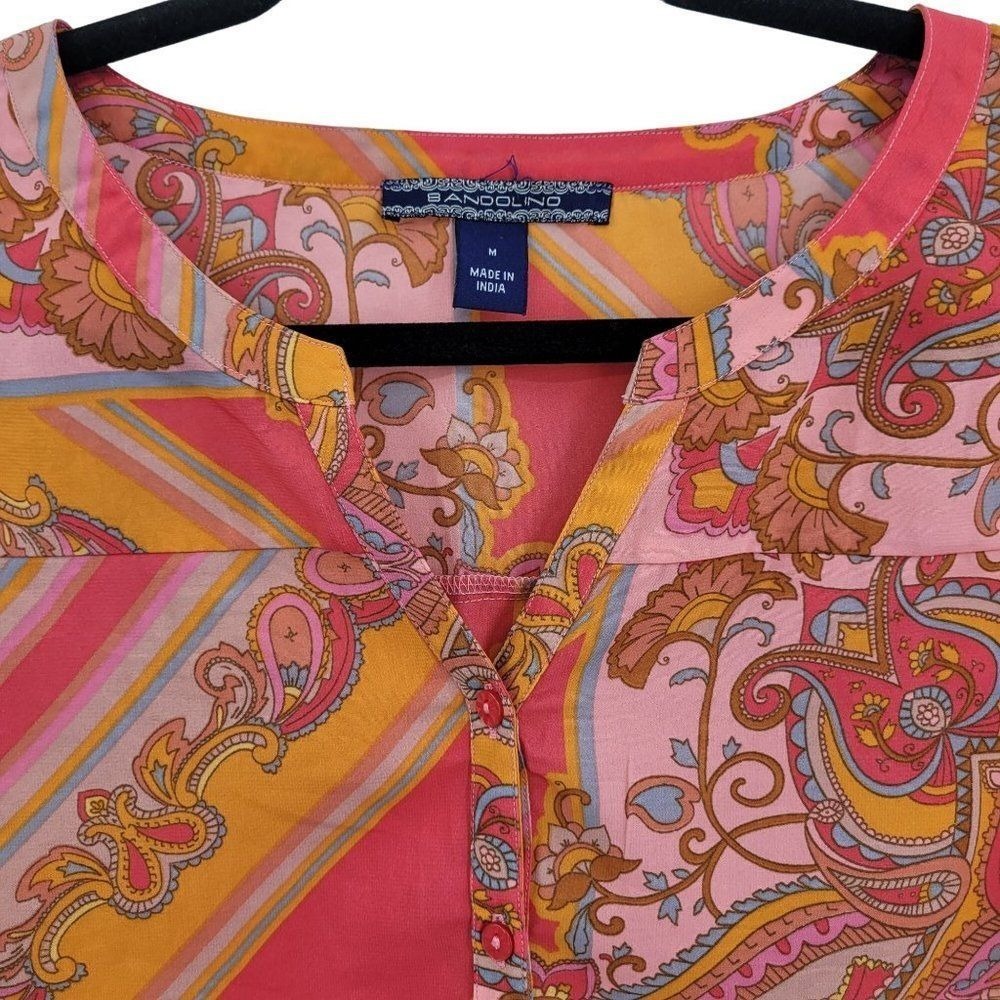 Bandolino Boho Paisley Patchwork Scarf Print Blouse Top Sz M Pink Gypsy - Picture 5 of 15